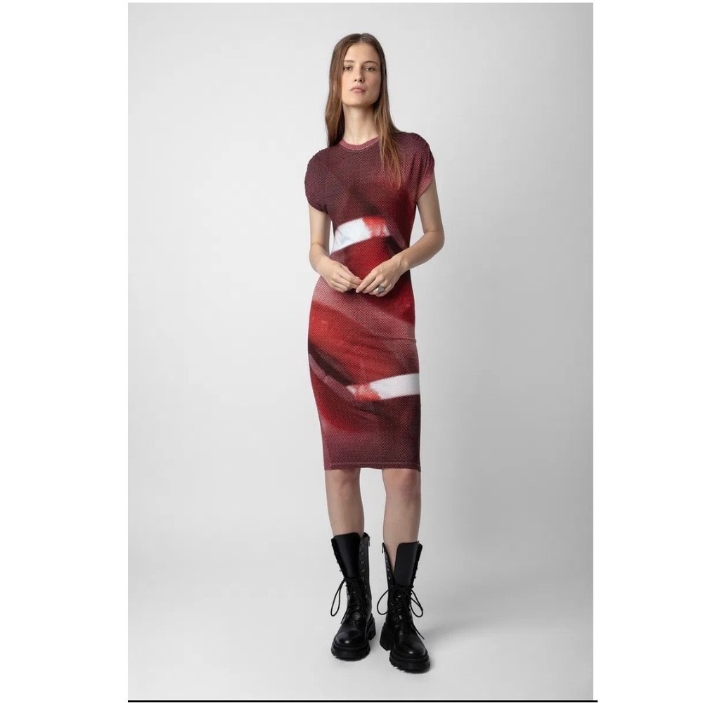 NWOT Zadig & Voltaire Adoni Double Lips Midi Dress Graphic XS Punk Pop Art